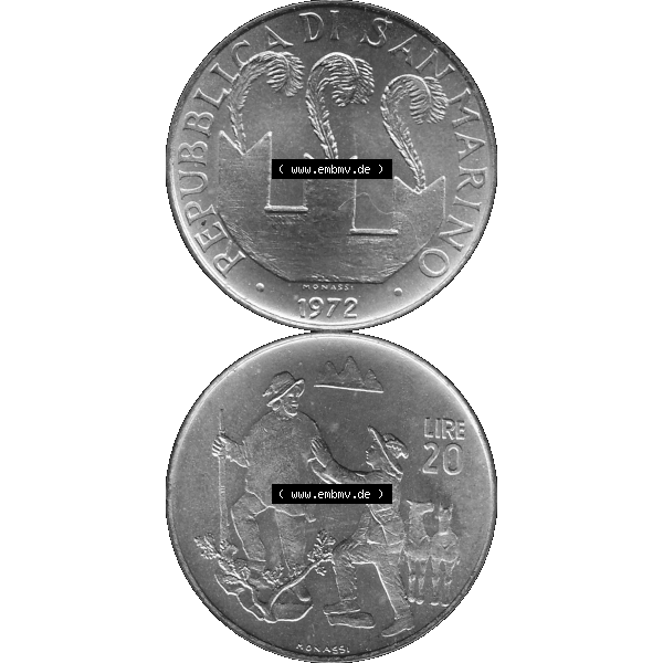 Grau bzw. s/w Bildmaterial in PNG-Grafiken Münzensatz / KMS 1972 aus San Marino 1972-1972, Münze 20 Lire, 1972, MONASSI REPUBBLICA DI SAN MARINO. Die digitalisierte Münze... Sammlung Graustufen