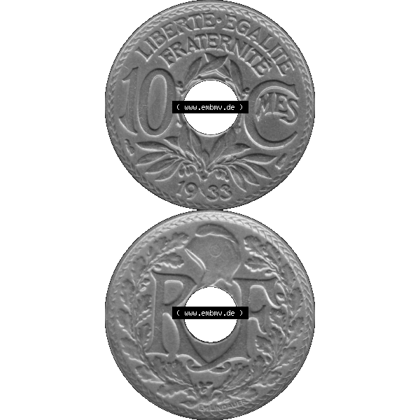 Grau bzw. s/w Münzen Frankreich Umlaufmünze in PNG einer Münze aus Frankreich 1917-1938, 10 Centimes, Cent 1933-01. Vorderseite und Rückseite vertikal auf einen digitalen Bild... Sammlung Graustufen