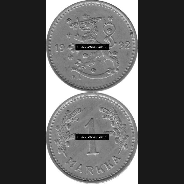 Grau bzw. s/w Alte Münzen KMS Finnland, Kursmünzensatz Pro-Version als JPG-Bild einer finnischen Münze Design 1928-1940, 1 finnische Mark, Markka 1932 (8). Etwas bessere... Sammlung Graustufen