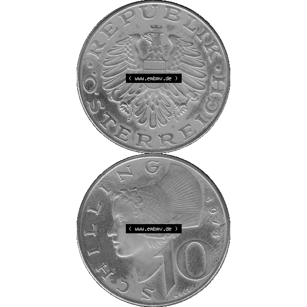 Grau bzw. s/w Alte Münze aus KMS Österreich, Kursmünzensatz 1974 in PP 1974-2001, 10 Schilling 1974-01. Vorderseite und Rückseite vertikal auf einen digitalen Bild der alten österreichischen... Sammlung Graustufen