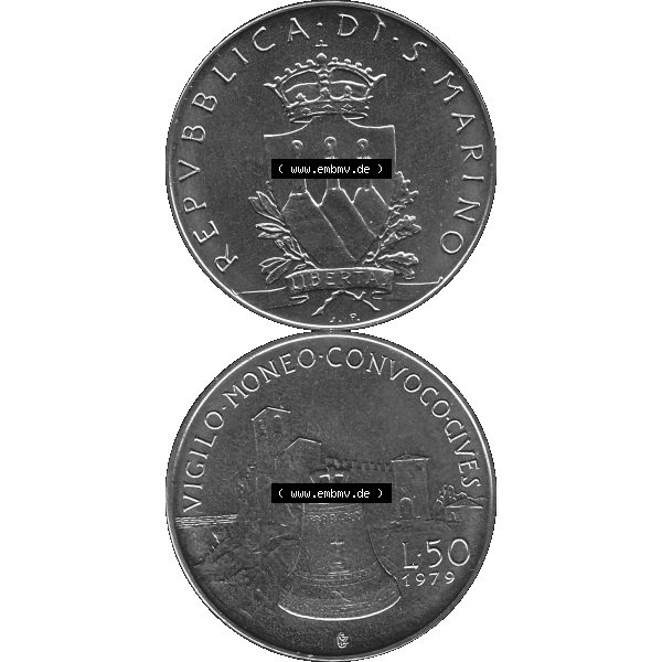 Grau bzw. s/w Bildmaterial Münzensatz / KMS 1979 aus San Marino in Graustufen 1979-1979, 50 Lire, J.P. LIBERTAS REPVBBLICA DI S. MARINO, L.50 VIGILO MONEO CONVOCO... Sammlung Graustufen