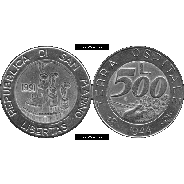 Grau bzw. s/w Gedenkmünzen aus San Marino, in PNG 1991-1991, 500 Lire Münze Terra Ospitale 1944 - Jahrgang 1991-01. Vorderseite und Rückseite horizontal auf einen digitalen Bild der... Sammlung Graustufen