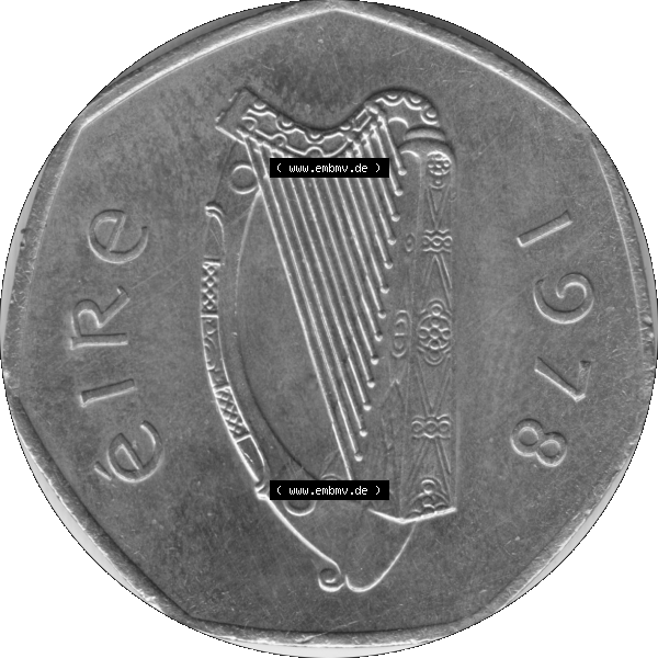 Grau bzw. s/w Bildmaterial einer Münze aus Irland als PNG-Grafik 1970-2000, 50 Pence 1978-01. Digitalisierte Münze aus Irland als transparente PNG-Grafik zum herunterladen. Vorderseite... Sammlung Graustufen