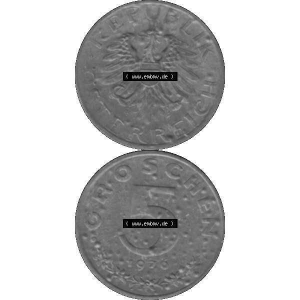 Grau bzw. s/w Alte Münze aus Österreich, in PNG digitalisiert 1948-1994, 5 Groschen 1976-01. Vorderseite und Rückseite vertikal auf einen digitalen Bild der alten österreichischen... Sammlung Graustufen