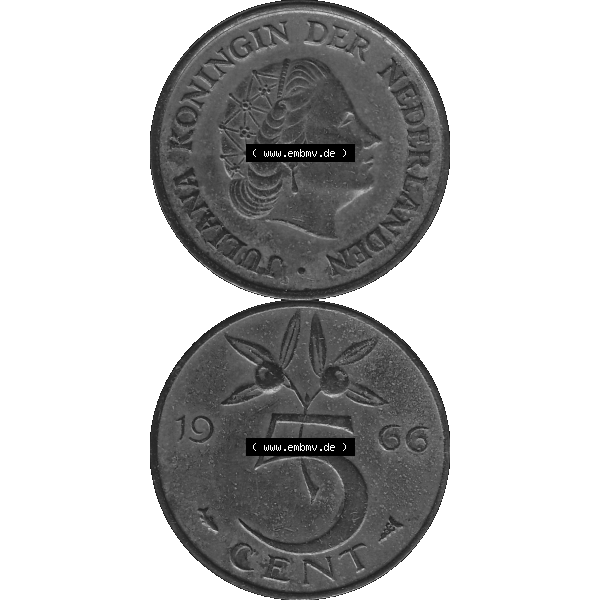 Grau bzw. s/w Alte Münze der Niederlande 1951-1975, in PNG digitalisiert 1950-1980, 5 Cent Königin Juliana 1966-01. Vorderseite und Rückseite vertikal auf einen digitalen Bild der alten... Sammlung Graustufen