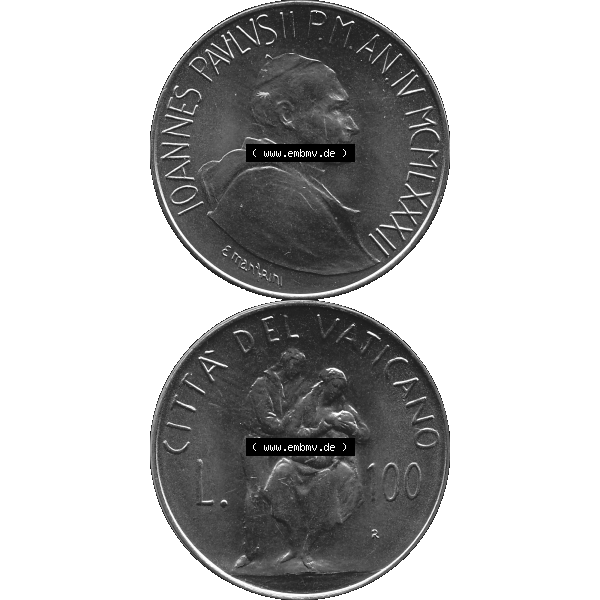 Grau bzw. s/w Alte Münze aus der Vatikanstadt / Vatikan als PNG-Grafik Münze Vatikanstadt 1982-1982, 100 Lire, E. MANFRINI IOANNES PAVLVS II P M. 1982-01. Vorderseite und... Sammlung Graustufen
