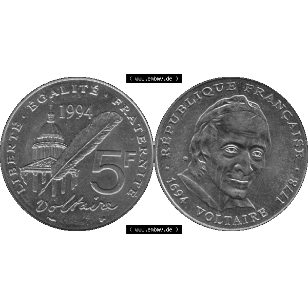 Grau bzw. s/w Münzen Frankreich Umlaufmünze 1994-1994, 5 Francs Liberte Egalite Fraternite 1994-01. Vorderseite und Rückseite horizontal auf einen digitalen Bild der alten französischen... Sammlung Graustufen