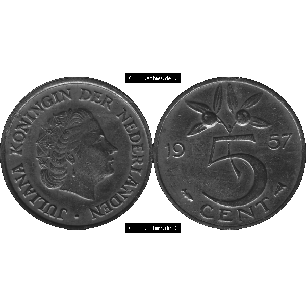 Grau bzw. s/w Alte Münze der Niederlande 1951-1975, in PNG digitalisiert 1950-1980, 5 Cent Königin Juliana 1957-01. Vorderseite und Rückseite horizontal auf einen digitalen Bild der... Sammlung Graustufen