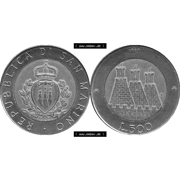 Grau bzw. s/w Gedenkmünzen aus San Marino, in PNG 1987-1987, 500 Lire 15. Jahrestag - Wiederaufnahme der Münzenprägung 1987-01. Vorderseite und Rückseite horizontal auf... Sammlung Graustufen