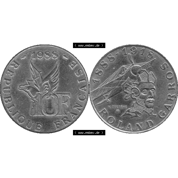 Grau bzw. s/w Münzen Frankreich Umlaufmünze 1988-1988, 10 Francs Roland Garros-01 1988-01. Vorderseite und Rückseite horizontal auf einen digitalen Bild der alten französischen Umlaufmünze... Sammlung Graustufen