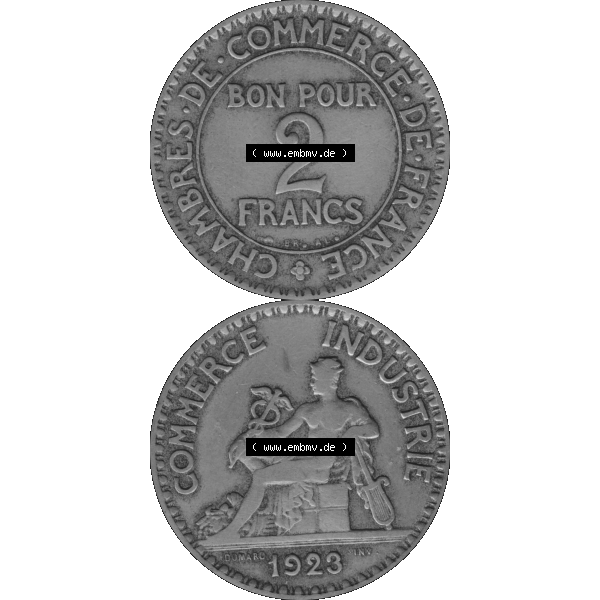 Grau bzw. s/w Münzen Frankreich Umlaufmünze in PNG einer Münze aus Frankreich 1920-1927, 2 Francs, Franken 1923-01. Vorderseite und Rückseite vertikal auf einen digitalen Bild... Sammlung Graustufen