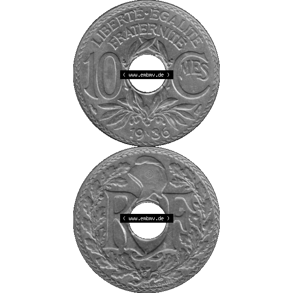 Grau bzw. s/w Münzen Frankreich Umlaufmünze in PNG einer Münze aus Frankreich 1917-1938, 10 Centimes, Cent 1936-01. Vorderseite und Rückseite vertikal auf einen digitalen Bild... Sammlung Graustufen