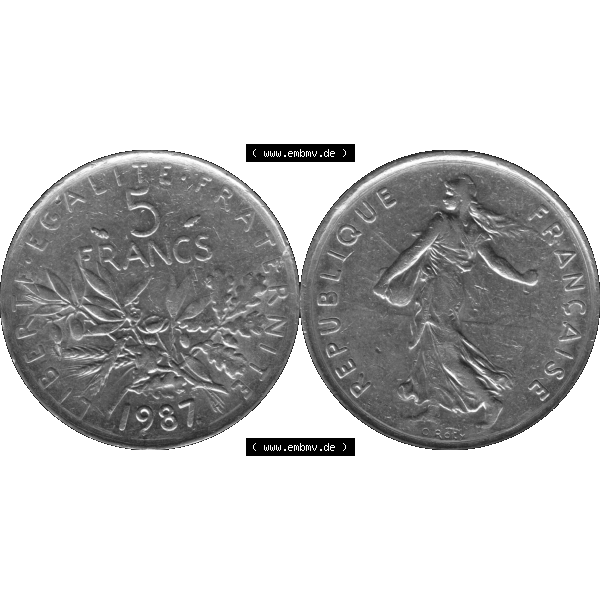 Grau bzw. s/w Münzen Frankreich Umlaufmünze 1970-2001, 5 Francs Liberte Egalite Fraternite 1987-01. Vorderseite und Rückseite horizontal auf einen digitalen Bild der alten französischen... Sammlung Graustufen