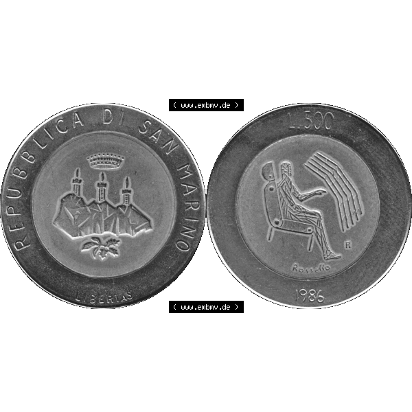 Grau bzw. s/w Gedenkmünzen aus San Marino, in PNG 1986-1986, 500 Lire Revolution der Technologie 1986-01. Vorderseite und Rückseite horizontal auf einen digitalen Bild der alten Gedenkmünze... Sammlung Graustufen