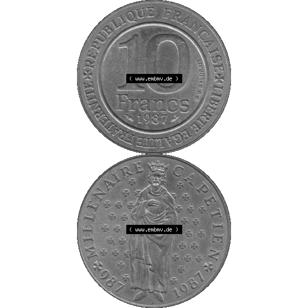 Grau bzw. s/w Münzen Frankreich Umlaufmünze 1987-1987, 10 Francs 1000 Jahre König Hugo Capet erster König von Frankreich 1987-01. Vorderseite und Rückseite vertikal auf einen digitalen... Sammlung Graustufen