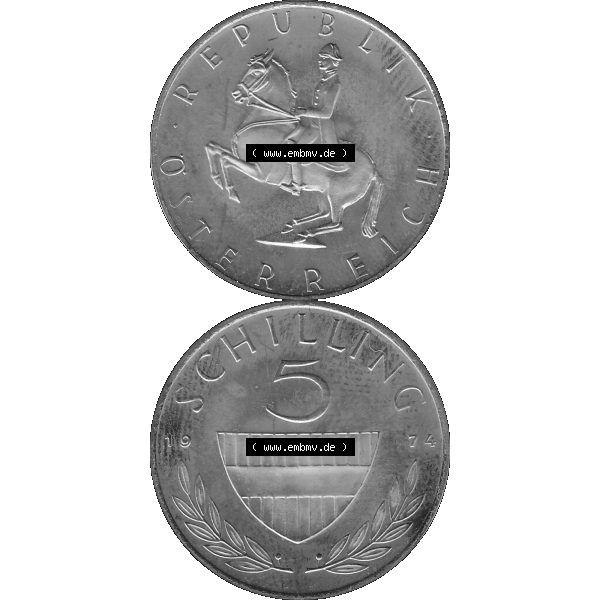 Grau bzw. s/w Alte Münze aus KMS Österreich, Kursmünzensatz 1974 in PP 1968-2001, 5 Schilling 1974-01. Vorderseite und Rückseite vertikal auf einen digitalen Bild der alten österreichischen... Sammlung Graustufen