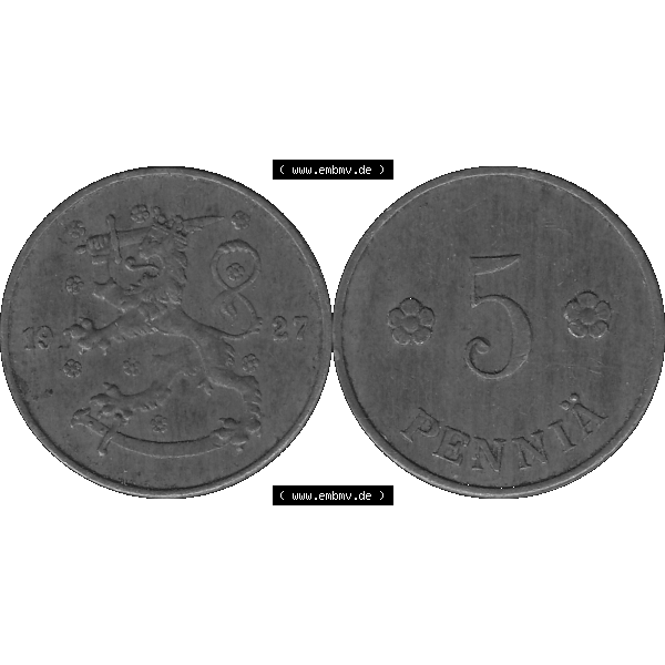 Grau bzw. s/w Alte Münzen KMS Finnland, Kursmünzensatz in PNG Design einer finnischen Münze 1918-1940, 5 Penny, Penniä 1927. Digitales transparentes PNG-Bild / Bildmaterial... Sammlung Graustufen