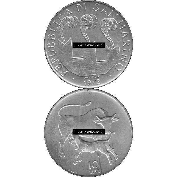 Grau bzw. s/w Bildmaterial in PNG-Grafiken Münzensatz / KMS 1972 aus San Marino 1972-1972, Münze 10 Lire 1972, MONASSI REPUBBLICA DI SAN MARINO, 10 LIRE. Die digitalisierte Münze... Sammlung Graustufen