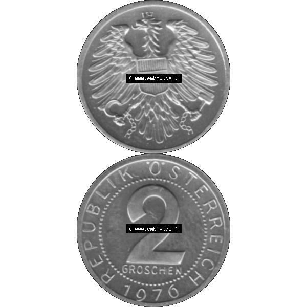 Grau bzw. s/w Alte Münze aus Österreich, in PNG digitalisiert 1950-1994, 2 Groschen 1976-01. Vorderseite und Rückseite vertikal auf einen digitalen Bild der alten österreichischen... Sammlung Graustufen