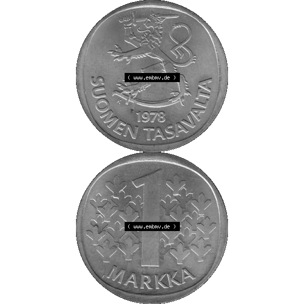 Grau bzw. s/w Alte Münzen KMS Finnland, Kursmünzensatz 1978 in Stempelglanz als digitales Computerbild einer finnischen digitalisierten Münze in transparenten PNG 1969-1993, 1 finnische Mark,... Sammlung Graustufen