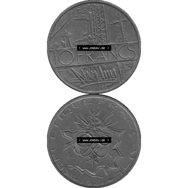 Grau bzw. s/w Münzen Frankreich Umlaufmünze 1974-1987, 10 Franken-Francs 1984-01. Vorderseite und Rückseite vertikal auf einen digitalen Bild der alten französischen Umlaufmünze... Sammlung Graustufen