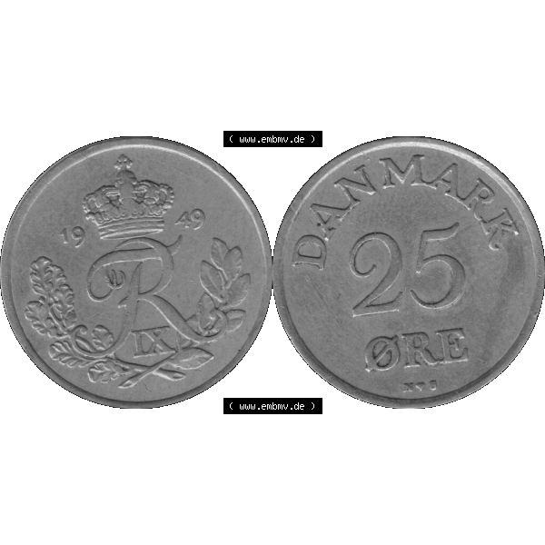 Grau bzw. s/w Alte Münze aus Dänemark als PNG-Grafik 1948-1955, 25 Öre 1949-01 Kursmünze. Vorderseite und Rückseite horizontal auf einen digitalen Bild der alten dänischen... Sammlung Graustufen