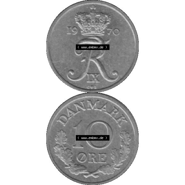 Grau bzw. s/w Alte Münze aus Dänemark als PNG-Grafik 1960-1972, 10 Öre 1970-01. Vorderseite und Rückseite vertikal auf einen digitalen Bild der alten dänischen Umlaufmünze... Sammlung Graustufen