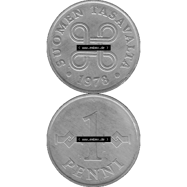 Grau bzw. s/w Alte Münzen KMS Finnland, Kursmünzensatz 1978 in Stempelglanz als digitales Computerbild einer finnischen digitalisierten Münze in transparenten PNG 1969-1979, 1 Penny,... Sammlung Graustufen