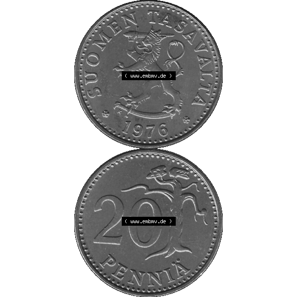 Grau bzw. s/w Alte Münzen KMS Finnland, Kursmünzensatz 1976 in Stempelglanz als digitales Computerbild in transparenten PNG 1963-1990, 20 Penny Penniä 1976-1, SUOMEN TASAVALTA.... Sammlung Graustufen