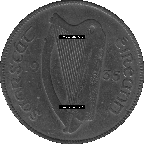 Grau bzw. s/w Bildmaterial einer Münze aus Irland als PNG-Grafik 1928-1937, 1 Penny, Pence 1935-01. Digitalisierte Münze aus Irland als transparente PNG-Grafik zum herunterladen.... Sammlung Graustufen