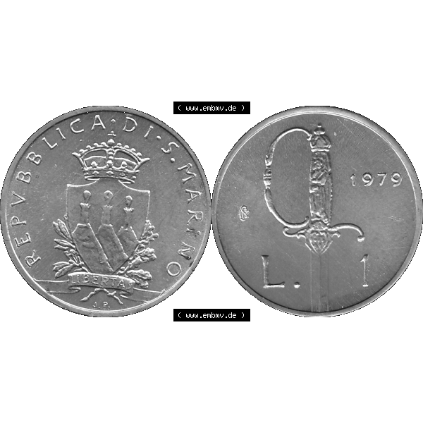 Grau bzw. s/w Bildmaterial Münzensatz / KMS 1979 aus San Marino im PNG-Format 1979-1979, 1 Lira, 1 Lire, J. V. LIBERTAS REPVBBLICA DI S. MARINO, 1979 L.1.... Sammlung Graustufen