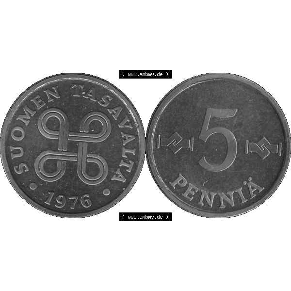 Grau bzw. s/w Alte Münzen KMS Finnland, Kursmünzensatz 1976 in Stempelglanz als digitales Computerbild in transparenten PNG 1963-1977, 5 Penny Penniä 1976-1, SUOMEN TASAVALTA.... Sammlung Graustufen
