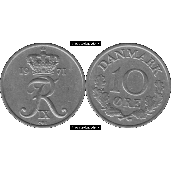 Grau bzw. s/w Alte Münze aus Dänemark als PNG-Grafik 1960-1972, 10 Öre 1971-02. Vorderseite und Rückseite horizontal auf einen digitalen Bild der alten dänischen Umlaufmünze... Sammlung Graustufen