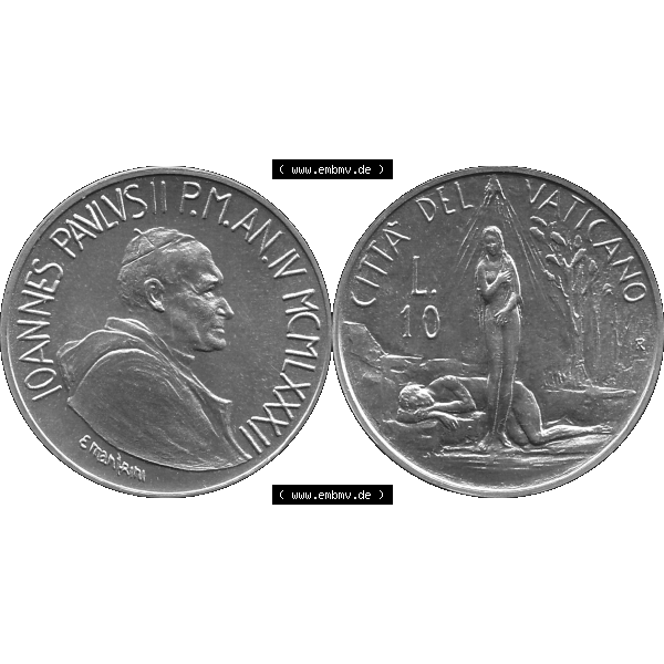 Grau bzw. s/w Alte Münze aus der Vatikanstadt / Vatikan als PNG-Grafik Münze Vatikanstadt 1982-1982, 10 Lire, E. MANFRINI IOANNES PAVLVS II P M 1982-01. Vorderseite und Rückseite... Sammlung Graustufen