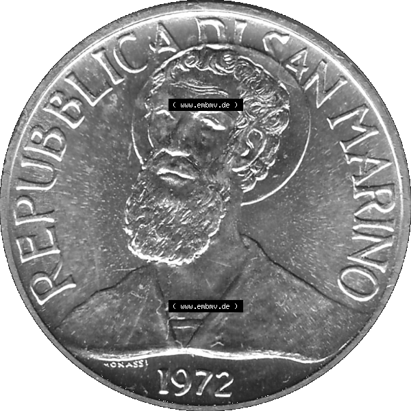 Grau bzw. s/w Bildmaterial in PNG-Grafiken Münzensatz / KMS 1972 aus San Marino 1972-1972, Münze 5 Lire, 1972, LIRE MONASSI REPUBBLICA DI SAN MARINO. Vorderseite als PNG-Grafik... Sammlung Graustufen