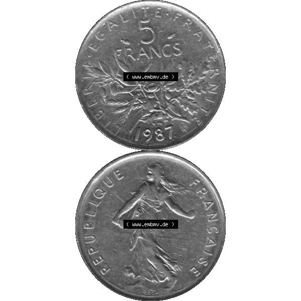 Grau bzw. s/w Münzen Frankreich Umlaufmünze 1970-2001, 5 Francs Liberte Egalite Fraternite 1987-01. Vorderseite und Rückseite vertikal auf einen digitalen Bild der alten französischen... Sammlung Graustufen