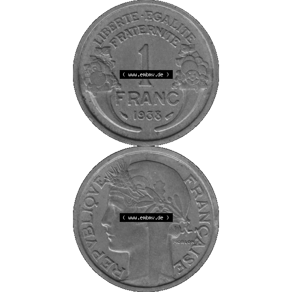 Grau bzw. s/w Münzen Frankreich Umlaufmünze in PNG einer Münze aus Frankreich 1931-1941, 1 Francs, Franken 1938-01. Vorderseite und Rückseite vertikal auf einen digitalen Bild... Sammlung Graustufen