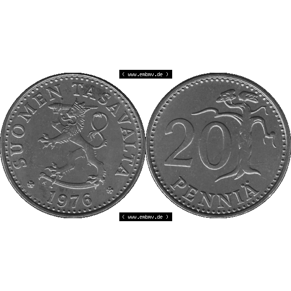 Grau bzw. s/w Alte Münzen KMS Finnland, Kursmünzensatz 1976 in Stempelglanz als digitales Computerbild in transparenten PNG 1963-1990, 20 Penny Penniä 1976-1, SUOMEN TASAVALTA.... Sammlung Graustufen