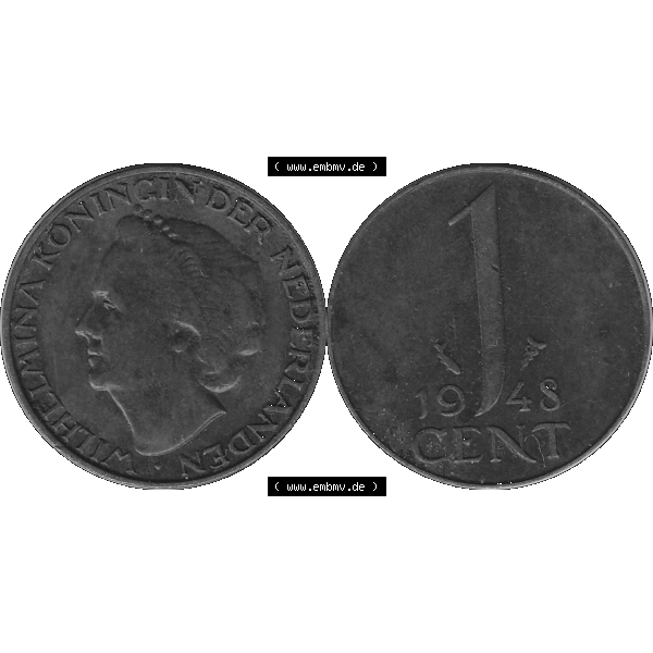 Grau bzw. s/w Alte Münze aus der Niederlande 1926-1950, in PNG digitalisiert 1948-1948, 1 Cent Königin Wilhelmina 1948-01. Vorderseite und Rückseite horizontal auf einen digitalen Bild... Sammlung Graustufen