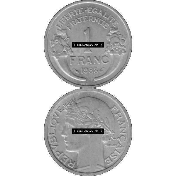 Grau bzw. s/w Münzen Frankreich Umlaufmünze in PNG einer Münze aus Frankreich 1941-1959, 1 Francs, Franken 1958-01. Vorderseite und Rückseite vertikal auf einen digitalen Bild... Sammlung Graustufen