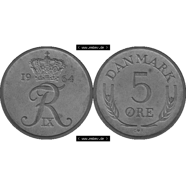 Grau bzw. s/w Alte Münze aus Dänemark als PNG-Grafik 1960-1972, 5 Öre 1964-01. Vorderseite und Rückseite horizontal auf einen digitalen Bild der alten dänischen Umlaufmünze... Sammlung Graustufen