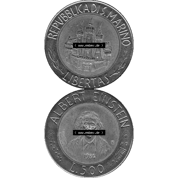 Grau bzw. s/w Gedenkmünzen aus San Marino, in PNG 1984-1984, 500 Lire Albert Einstein 1984-01. Vorderseite und Rückseite vertikal auf einen digitalen Bild der alten Gedenkmünze aus... Sammlung Graustufen