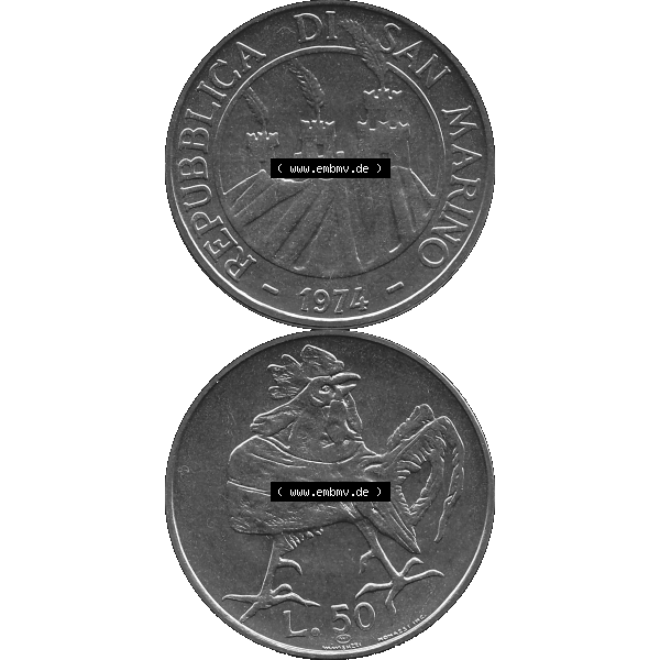 Grau bzw. s/w Bildmaterial Münzensatz / KMS 1974 aus San Marino Münze 1974-1974 als transparente PNG-Grafik, 50 Lire, L.50 MINGUZZI MONASSI INC.. Die digitalisierte Münze... Sammlung Graustufen