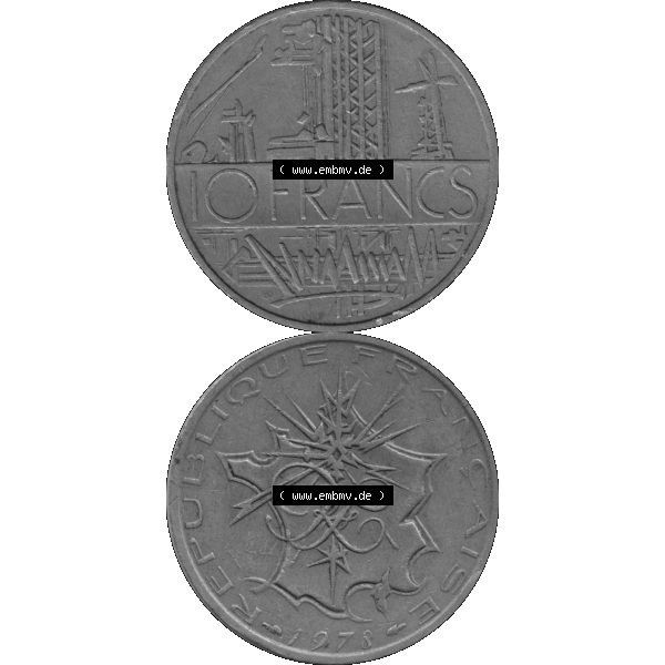 Grau bzw. s/w Münzen Frankreich Umlaufmünze 1974-1987, 10 Franken-Francs 1978-01. Vorderseite und Rückseite vertikal auf einen digitalen Bild der alten französischen Umlaufmünze... Sammlung Graustufen