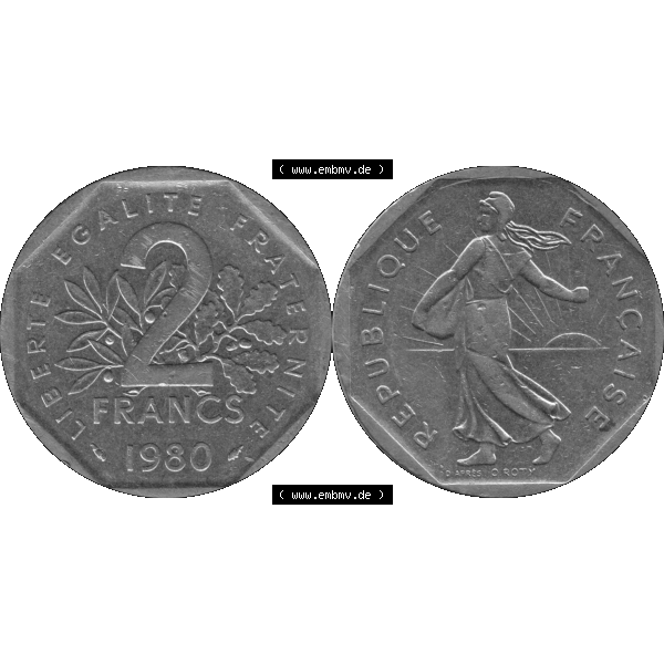 Grau bzw. s/w Münzen Frankreich Umlaufmünze 1979-2001, 2 Francs Säerin Semeuse 1980-01. Vorderseite und Rückseite horizontal auf einen digitalen Bild der alten französischen Umlaufmünze... Sammlung Graustufen