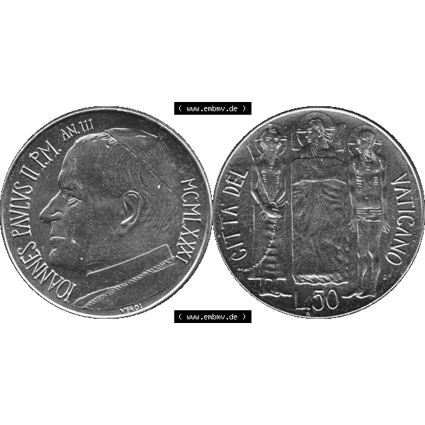 Grau bzw. s/w Alte Münze aus der Vatikanstadt / Vatikan als PNG-Grafik 1981-1981, 50 Lire Papst Johannes Paul II 1981-01. Vorderseite und Rückseite horizontal auf einen digitalen Bild der... Sammlung Graustufen