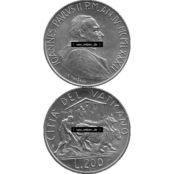 Grau bzw. s/w Alte Münze aus der Vatikanstadt / Vatikan als PNG-Grafik Münze Vatikanstadt 1982-1982, 200 Lire, E. MANFRINI IOANNES PAVLVS II P M 1982-01. Vorderseite und Rückseite... Sammlung Graustufen