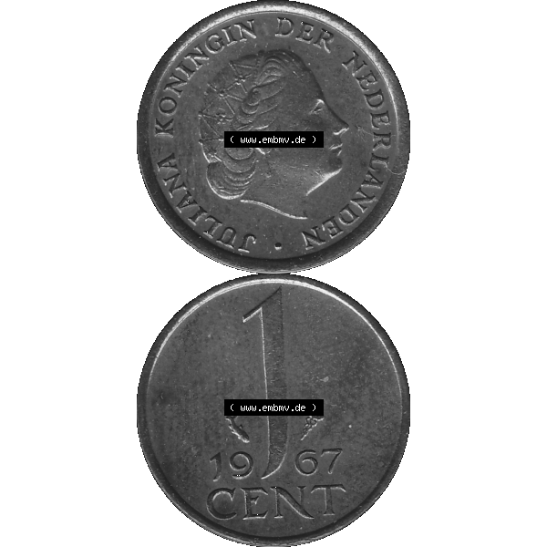Grau bzw. s/w Alte Münze der Niederlande 1951-1975, in PNG digitalisiert 1950-1980, 1 Cent Königin Juliana 1967-01. Vorderseite und Rückseite vertikal auf einen digitalen Bild der alten... Sammlung Graustufen