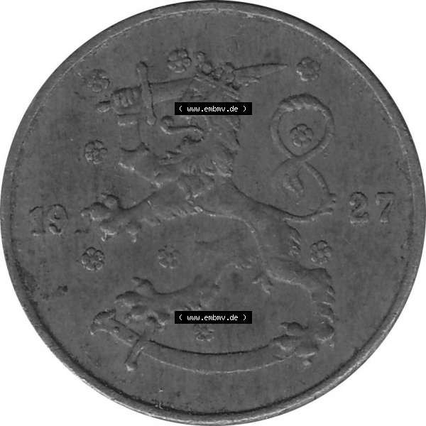 Grau bzw. s/w Alte Münzen KMS Finnland, Kursmünzensatz Pro-Version als JPG-Bild einer finnischen Münze Design 1918-1940, 5 Penny, Penniä 1927 (5). Etwas bessere... Sammlung Graustufen