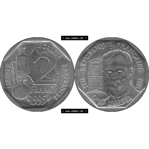 Grau bzw. s/w Münzen Frankreich Umlaufmünze 1995-1995, 2 France Louis Rasteur 1995-01. Vorderseite und Rückseite horizontal auf einen digitalen Bild der alten französischen Umlaufmünze... Sammlung Graustufen